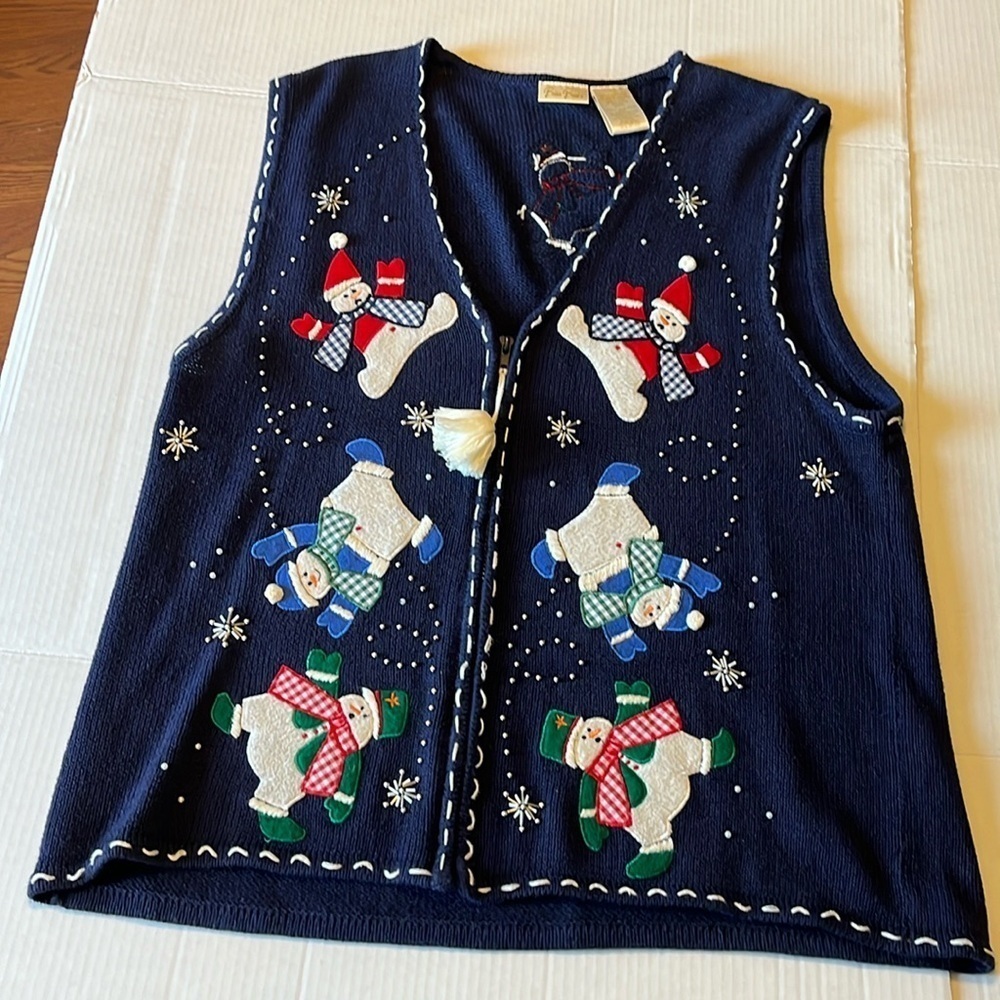 VTG-Bobbie Brooks-XL-navy blue-knit, zip up, embellished snowmans sweater vest.